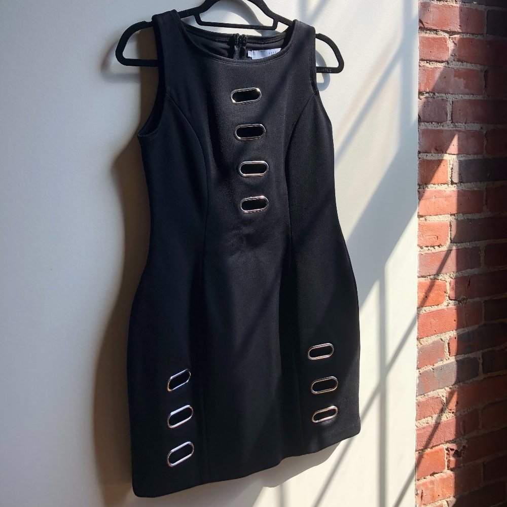 NWOT Forever Unique curvy LBD black cocktail dress with metal grommets cut-out - Picture 2 of 3
